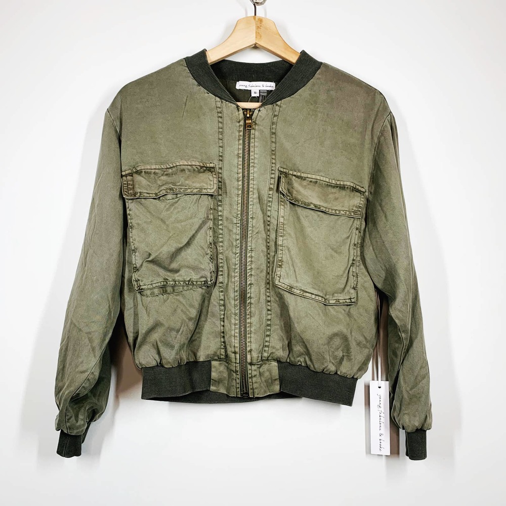 Young Fabulous & Broke Cropped Bomber Jacket Tencel Olive Green Size Small